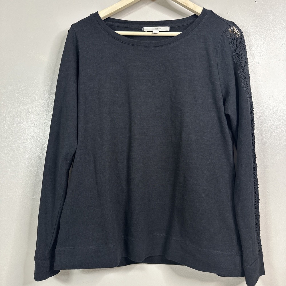 Loft Eyelet Sleeve Long Sleeve Shirt Black  Sweater Size M 100% Cotton